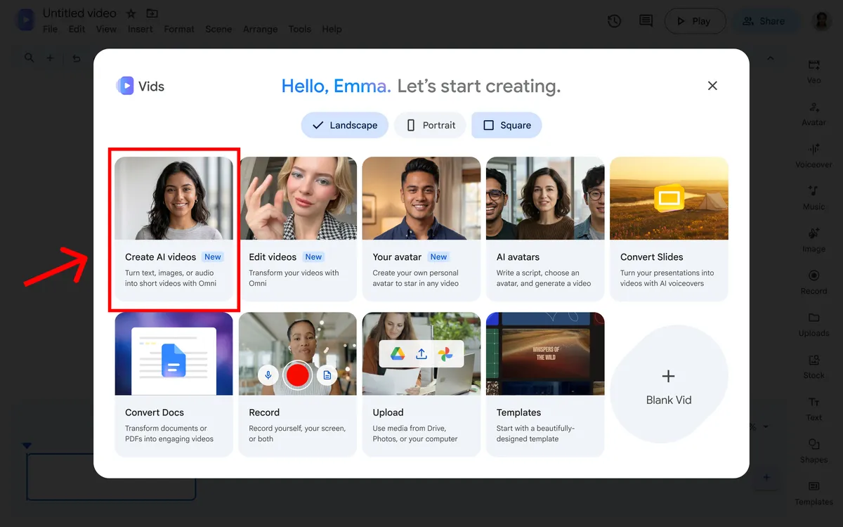 Google公式が掲載したVidsの英語版開始画面。左側のCreate AI videosが赤い枠で示されている