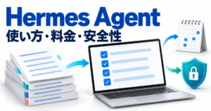 Hermes Agentの手順再利用・定期実行・安全管理を表す概念イラスト