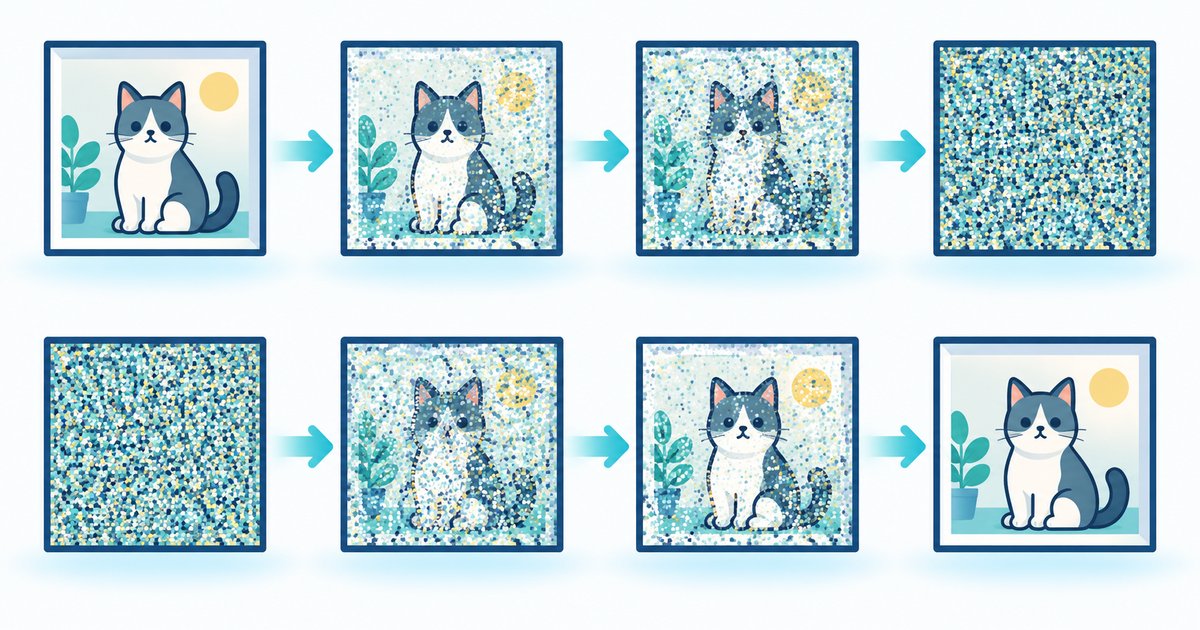 拡散モデルの学習と生成のイメージ図。上段はきれいな絵にノイズが足されて砂嵐になる流れ、下段はノイズから絵が現れる逆向きの流れ