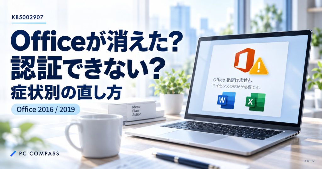 KB5002907でOfficeが消えた、認証できない症状と復旧方法を案内するアイキャッチ。Office 2016・2019が対象のイメージ。