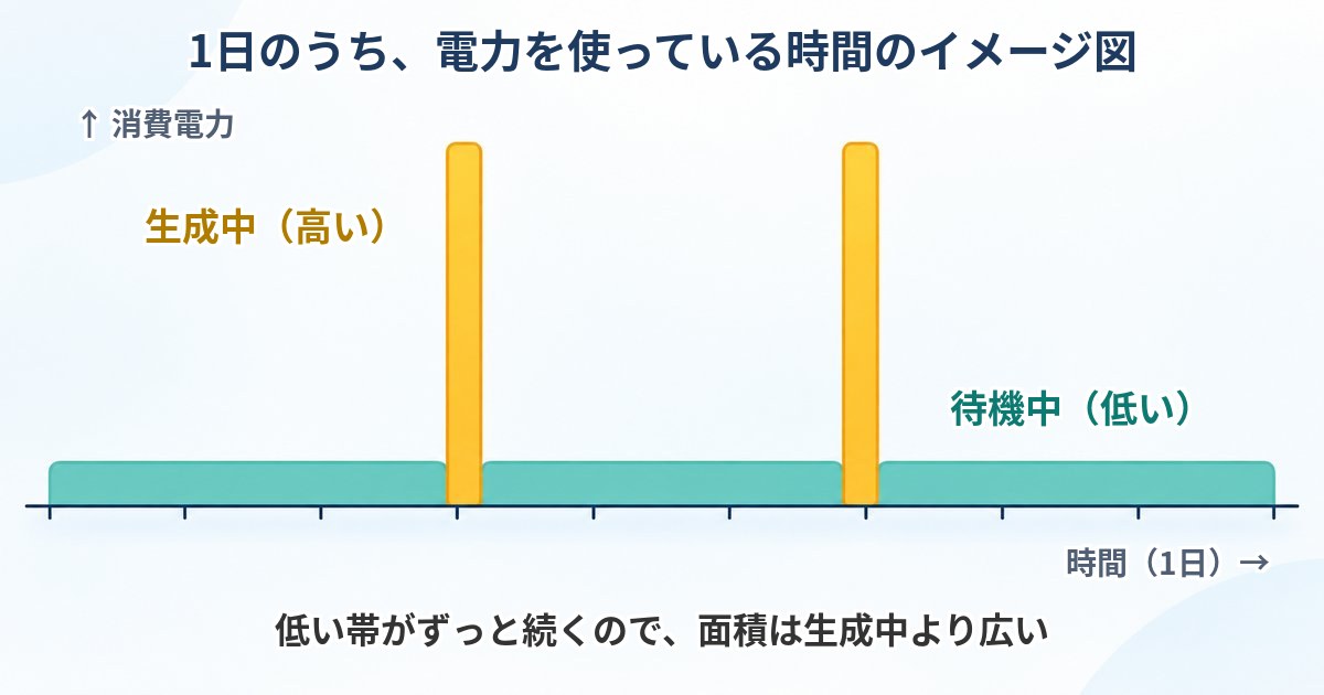 1日のうち生成中は短い時間だけ電力が高くなり、待機中は低いままずっと続くことを示したイメージ図。ローカルAIの電気代は待機時間に左右される
