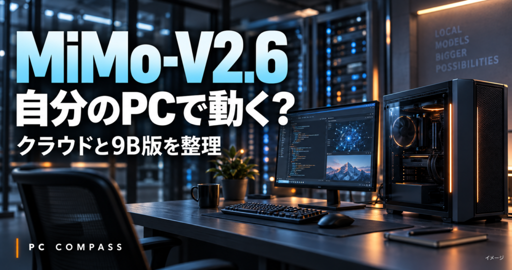 MiMo-V2.6を自分のPCで動かせるか、クラウドと9B版を整理する、PCとサーバーのアイキャッチ。
