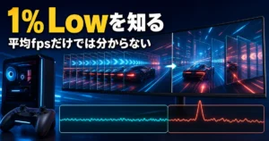 1% Lowとフレームタイムの違いを滑らかな描画とカクつきで比較したイメージ