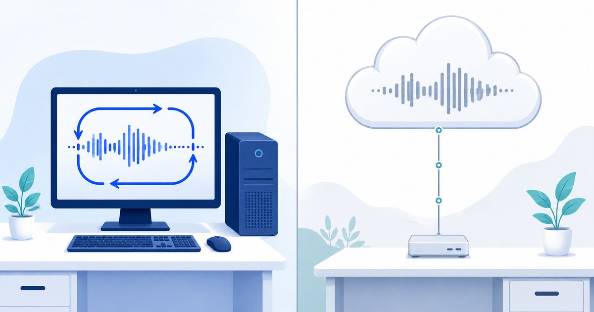 無料の音声合成AIをPCの中だけで動かす場合とクラウド型を使う場合の違いのイメージ図