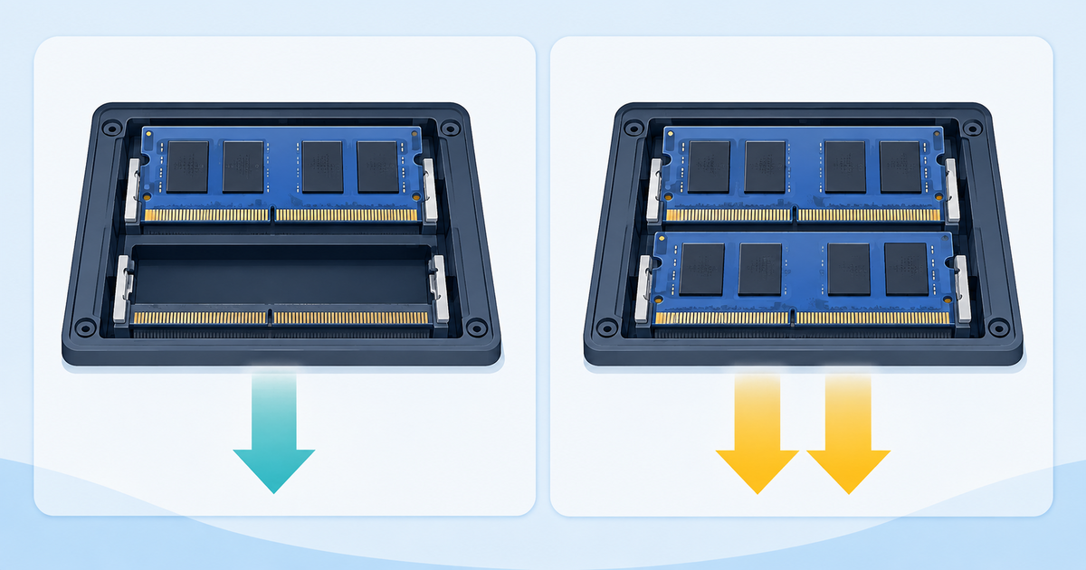 ノートPCのメモリ16GB×1と8GB×2でデータの通り道が変わることを示すイメージ図