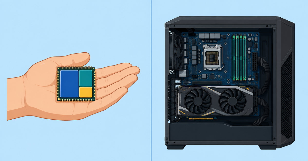ポータブルゲーミングPCのSoCと据え置きのゲーミングPCの構成の違いを示すイメージ図