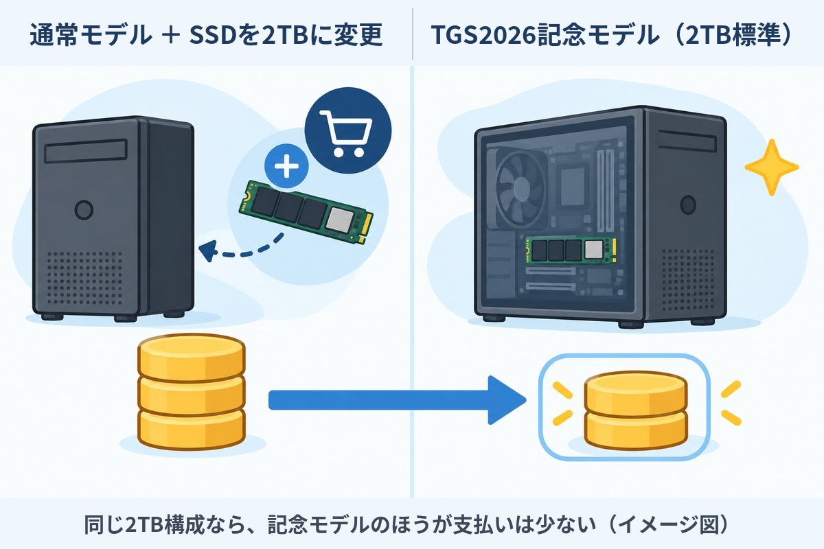 通常モデルにSSD 2TBを追加する場合と、最初から2TB SSDを積んだTGS2026記念モデルを左右で比べたイメージ図。同じ2TB構成なら記念モデルのほうが支払いは少ない