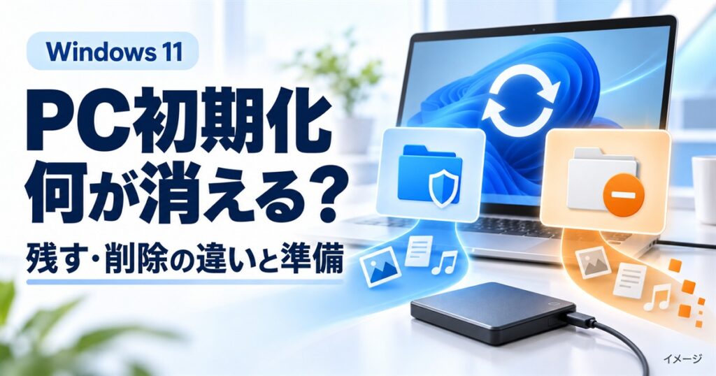 Windows 11のPC初期化で何が消える？残す・削除の違いと準備を示すイメージ