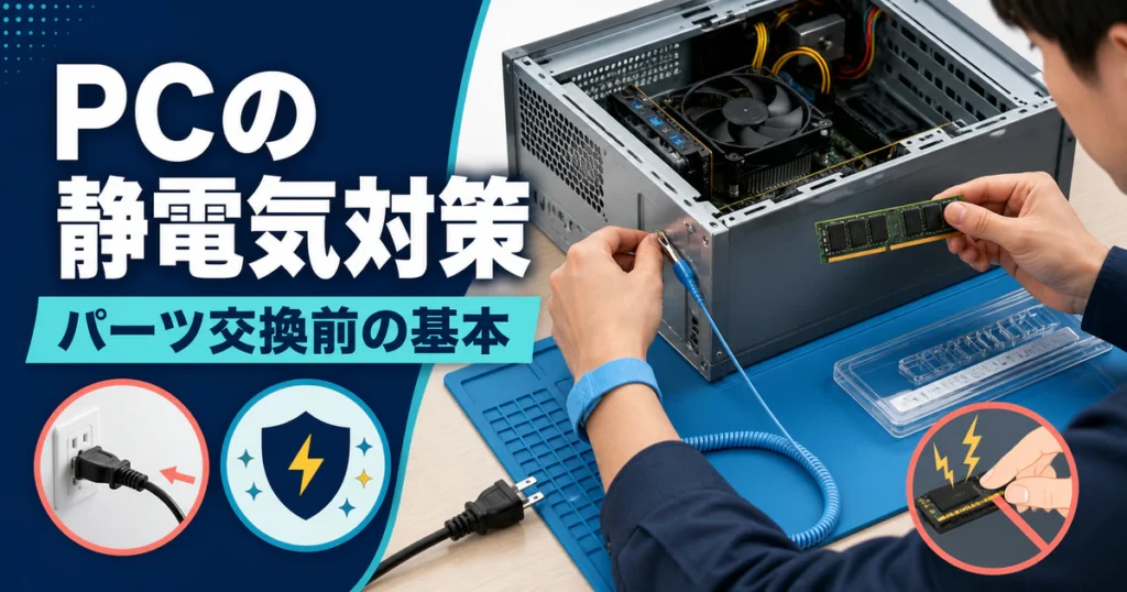 PCパーツ交換前の静電気対策と帯電防止リストストラップの使い方を示すイメージ