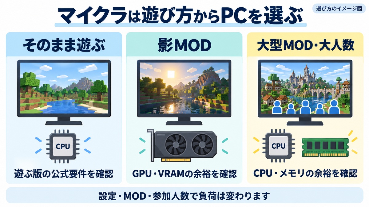 通常プレイ、影MOD、大型MOD・大人数で確認したいポイントの概念図。実画面や性能測定ではなく、設定・MOD・参加人数で負荷は変わります。