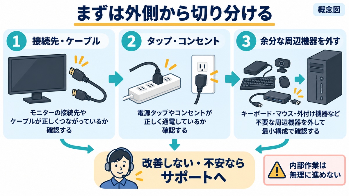 接続先・ケーブル、電源、不要な周辺機器を外側から確認する流れ。改善しない場合や内部作業に不安がある場合はサポートへ相談してください。