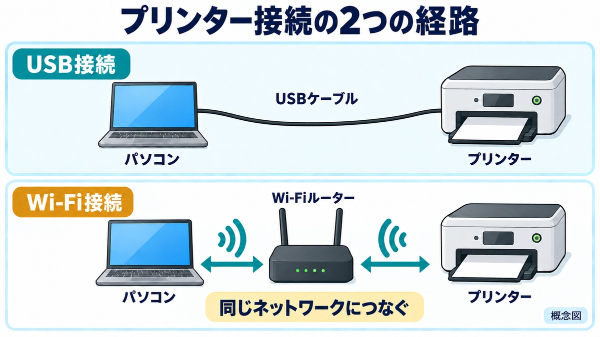 USB接続はPCとプリンターをケーブルで結び、一般的なWi-Fi接続は両方を同じルーターのネットワークにつなぎます。接続経路の概念図です。