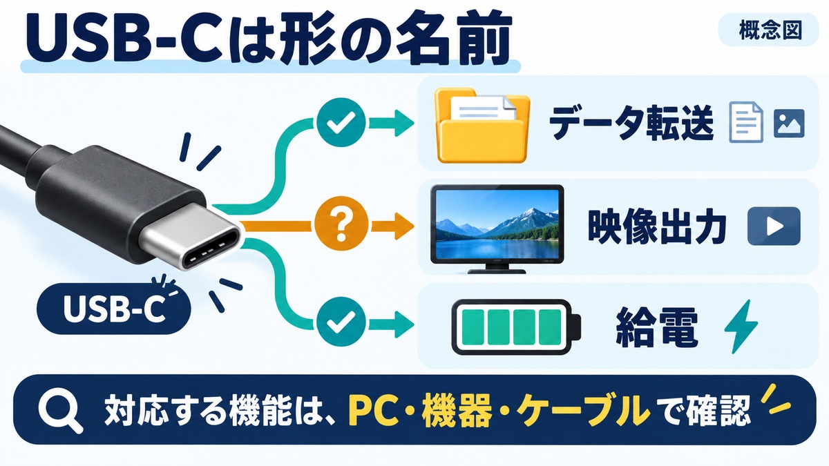 USB-Cは端子の形です。転送速度、映像出力、給電の対応は、PC・接続機器・ケーブルの仕様をそれぞれ確認してください。