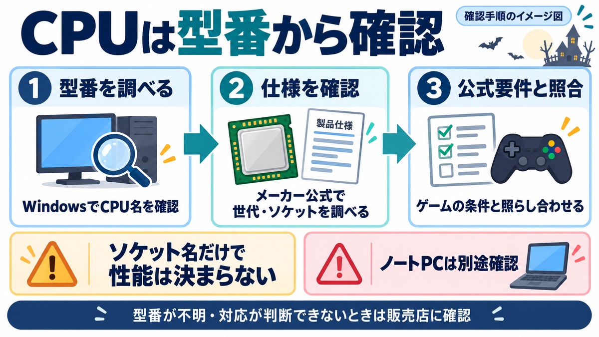 WindowsでCPU型番を調べ、メーカー公式の仕様とゲームの最低・推奨スペックを照合する流れ。ソケット名だけでは性能は決まらず、ノートPCは別途確認が必要です。