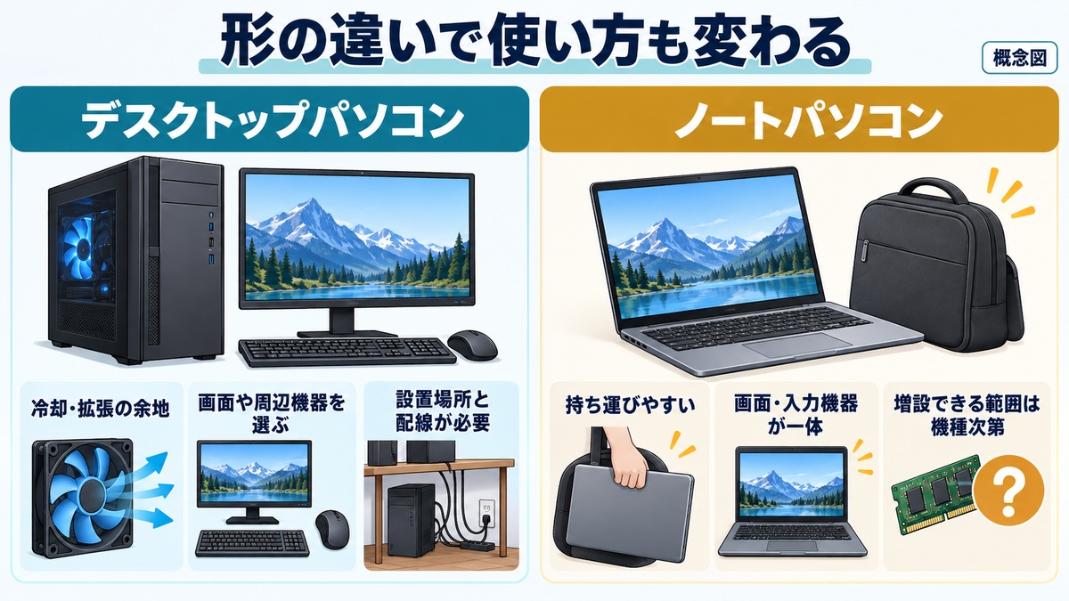 デスクトップとノートPCを、冷却・拡張、周辺機器、設置や持ち運びの観点で比べた概念図。増設できる範囲は機種によって異なります。