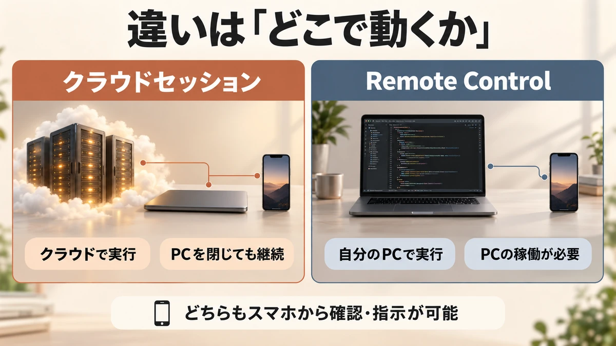 クラウドセッションはクラウドで実行し、Remote Controlは自分のPCで実行する仕組みの比較