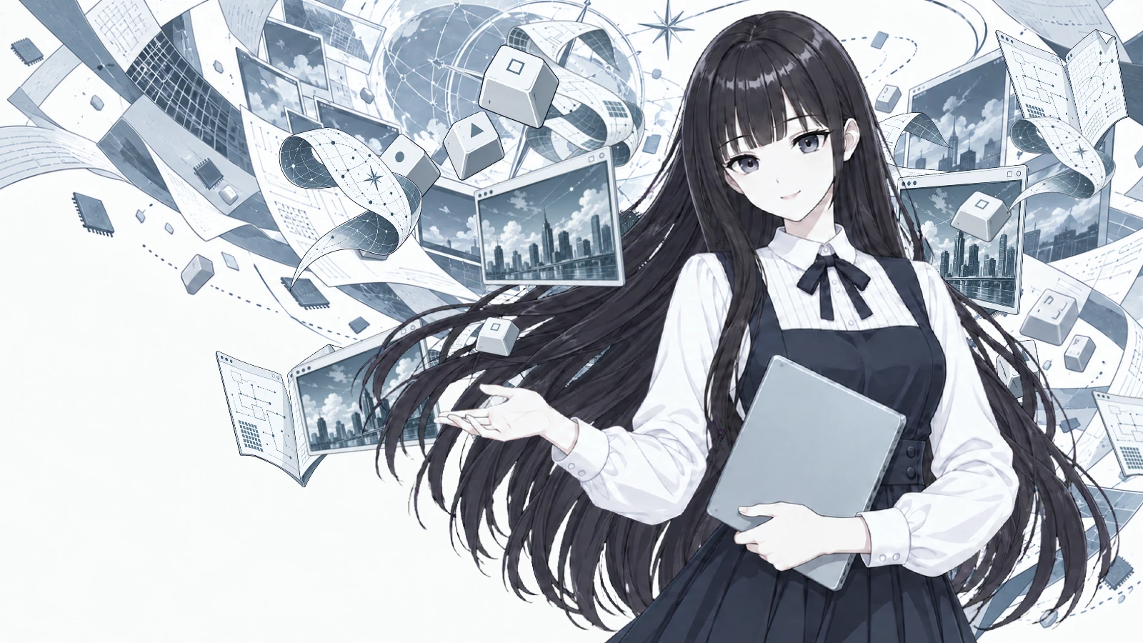 黒髪ロングの看板娘がパソコンの世界へ案内する、青灰色のアニメーション