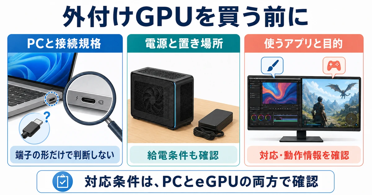 外付けGPU購入前にPCの接続規格・給電と設置・アプリの対応を確認する図