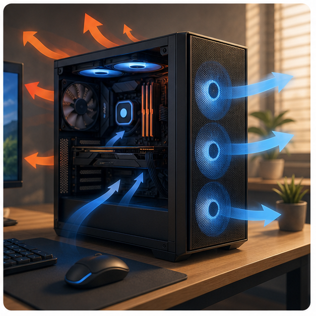 PCケースの空気の流れを整えるイメージ