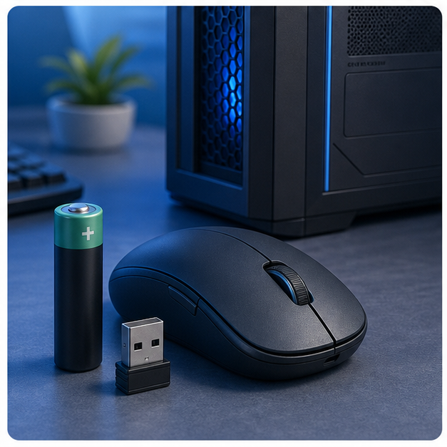 マウスの電池、USBレシーバー、パソコンとの接続を確認するイメージ