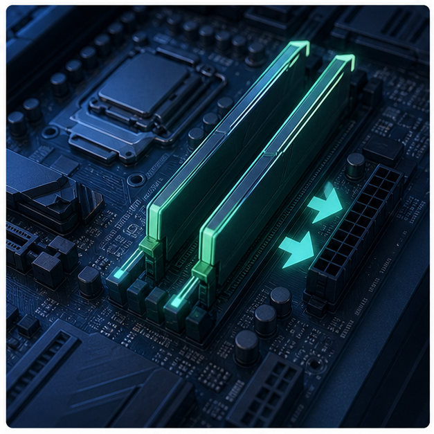 メモリモジュールとデータの流れを表すイメージ
