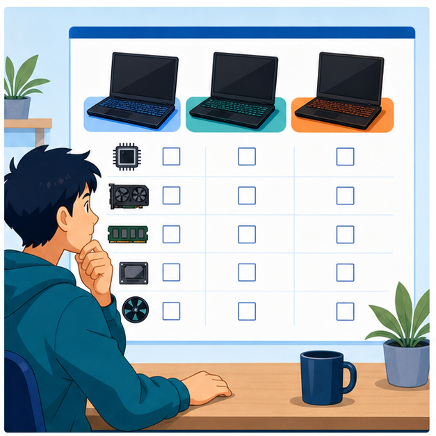 使う場所からゲーミングノートPCの候補をしぼるイメージイラスト