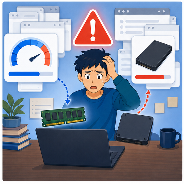 PCのメモリ確認の確認手順を表すイメージ