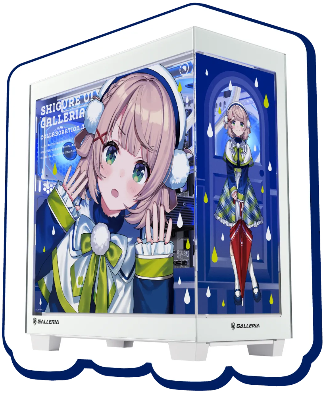 しぐれういコラボPCの公式筐体画像。白いケースと青いLED、ガラス面のイラスト