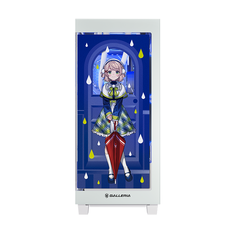 しぐれういコラボPCを正面から見た公式写真。雨宿りをテーマにした全身イラスト