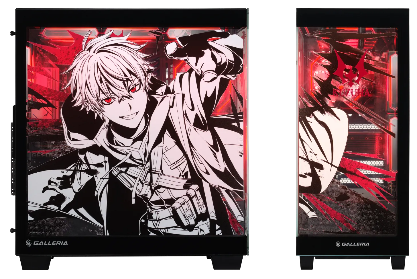 葛葉コラボPCの公式写真。赤いLEDが点灯した側面と正面