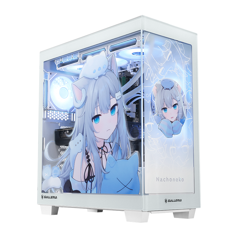 NachonekoコラボPCの公式商品写真。白いケースの正面と側面