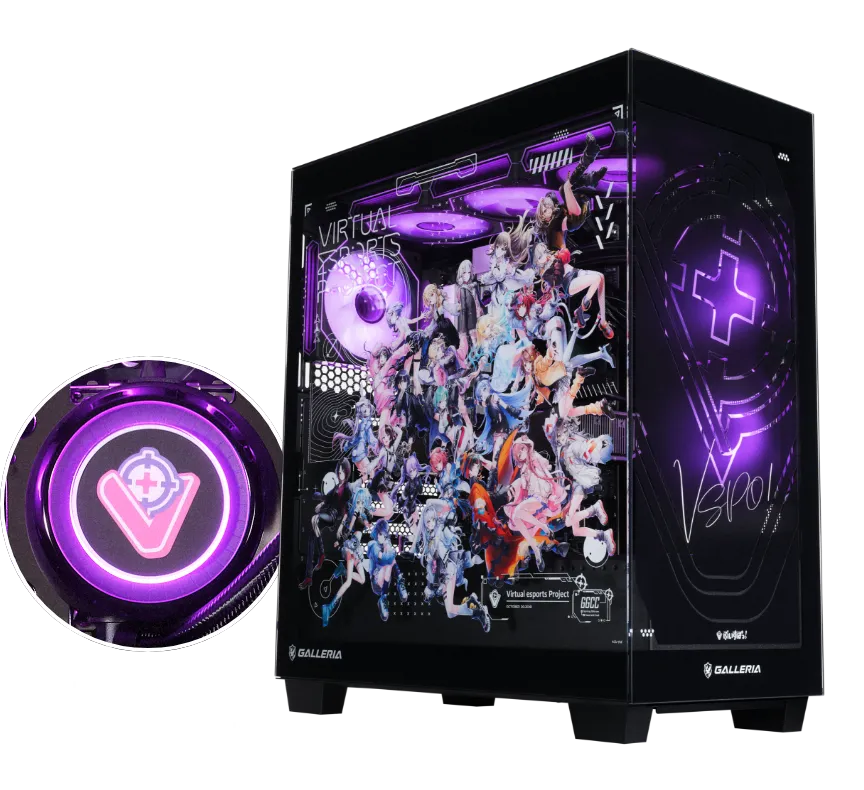 ぶいすぽっ！コラボPCの公式ケース写真とロゴ入り水冷ヘッドの拡大表示
