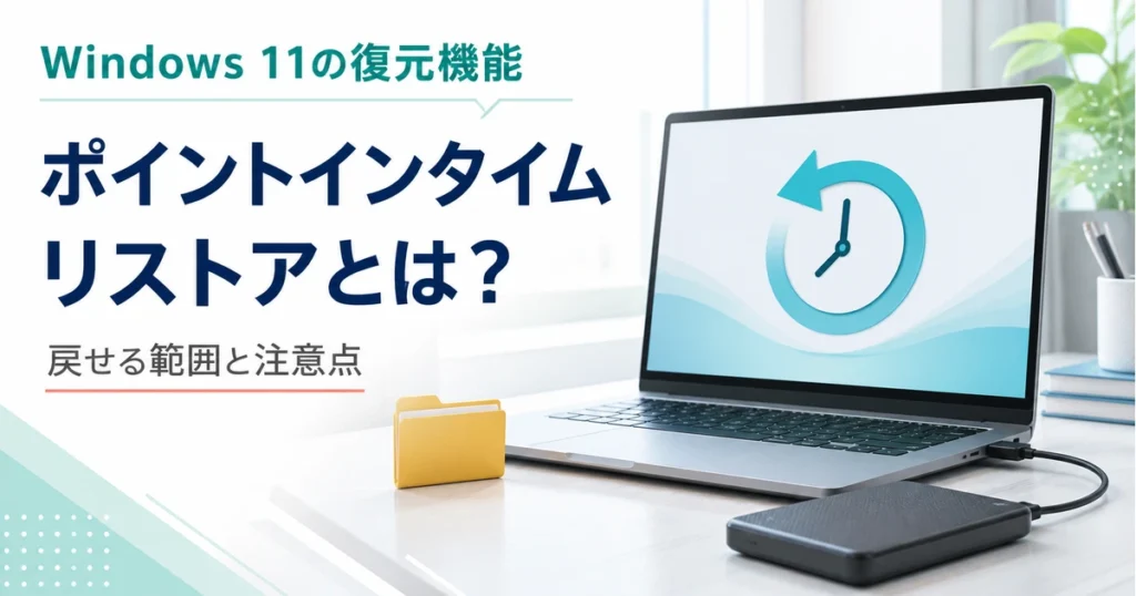ノートPCと時計の巻き戻し記号、別のバックアップ用ドライブを描いたポイントインタイムリストアのイメージ