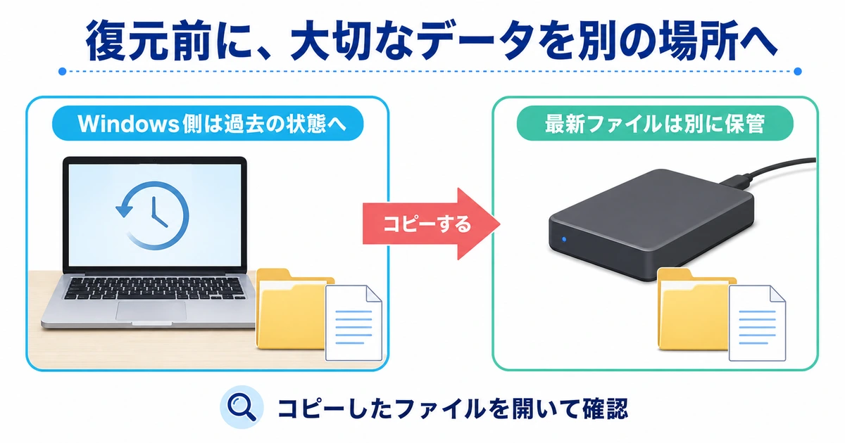 復元前に最新ファイルを別の保存先へコピーし、開けることを確認する図
