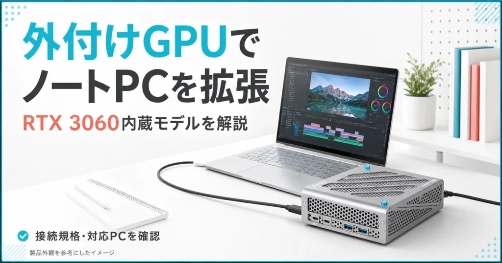 SPARKLEの外付けGPU製品の外観を参考に、ノートPCとの接続を描いたイメージ。実機写真や動作検証ではありません