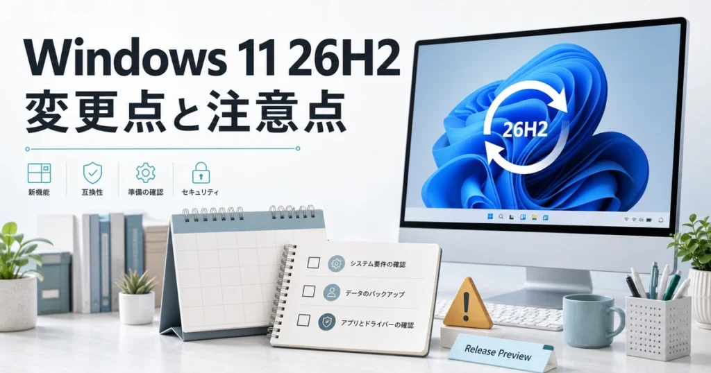 Windows 11の更新を表すモニターと準備チェックリスト、Release Previewの札を描いた説明用イメージ
