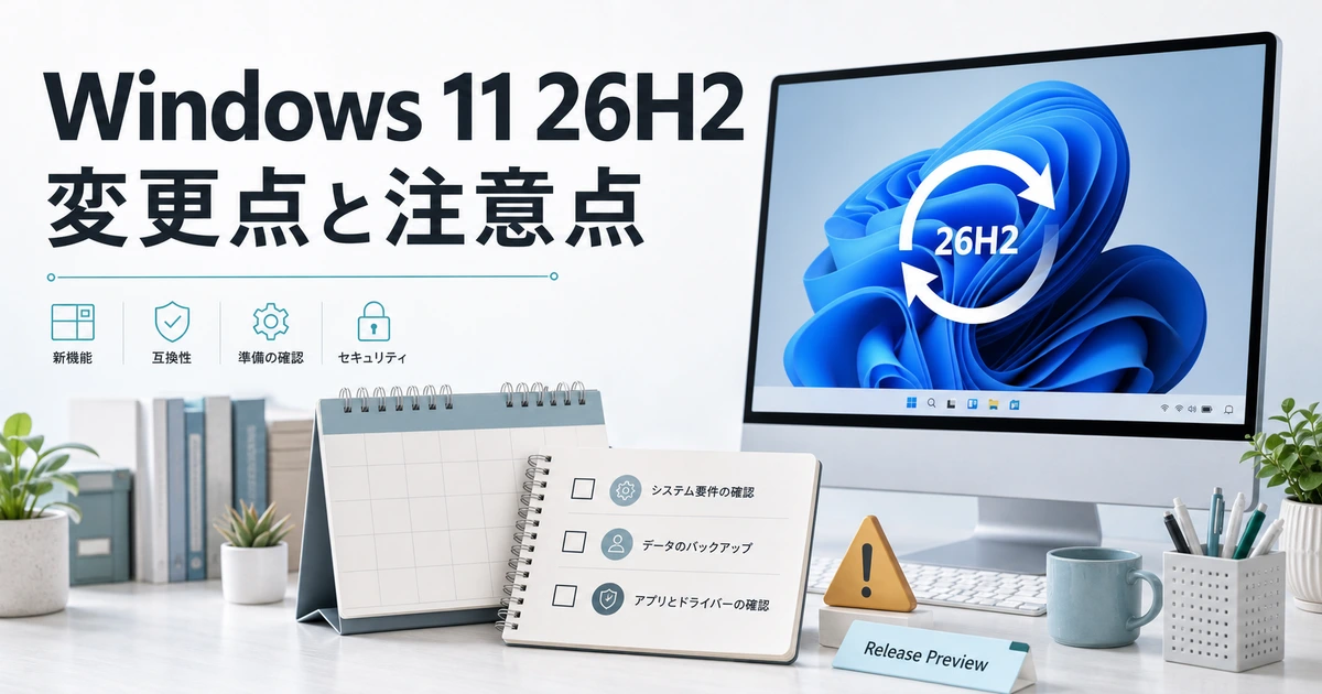 Windows 11の更新を表すモニターと準備チェックリスト、Release Previewの札を描いた説明用イメージ
