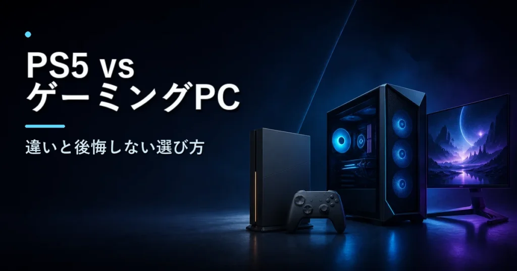 PS5とゲーミングPCの違いを比較し、後悔しない選び方を考えるイメージ