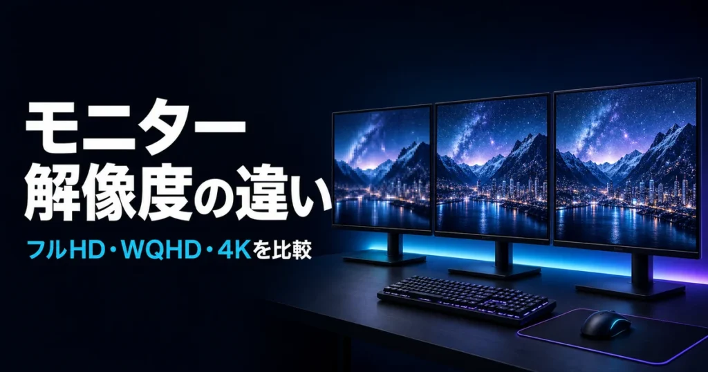 フルHD・WQHD・4Kのモニター解像度を比較するイメージ
