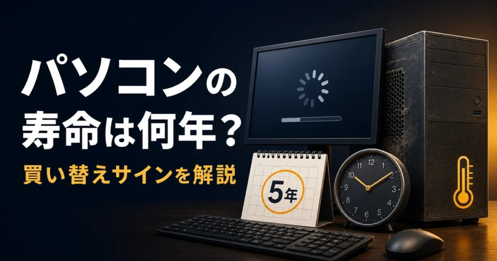 パソコンの寿命と買い替え時期を示すデスクトップPCと時計
