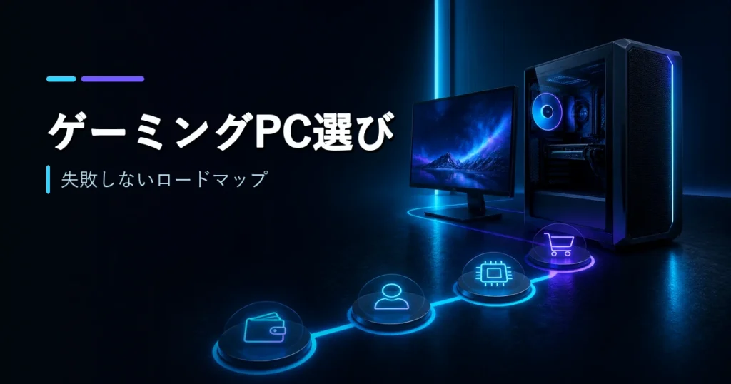ゲーミングPC選びの手順を示すロードマップとデスクトップPC