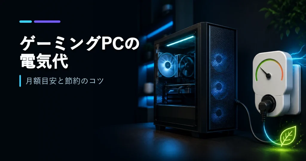 ゲーミングPCの消費電力と月額電気代を示すイメージ