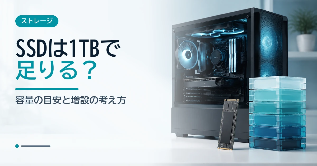 ゲーミングPCとSSD、容量を表すストレージブロックで1TBの目安と増設を示すイメージ