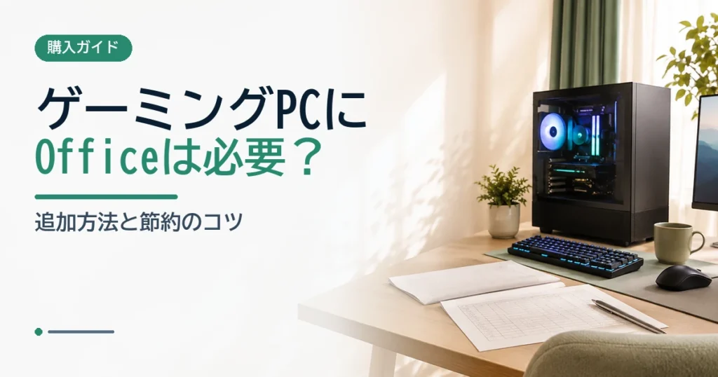 ゲーミングPCと書類を並べ、Officeソフトの必要性を考えるホームオフィスのイメージ