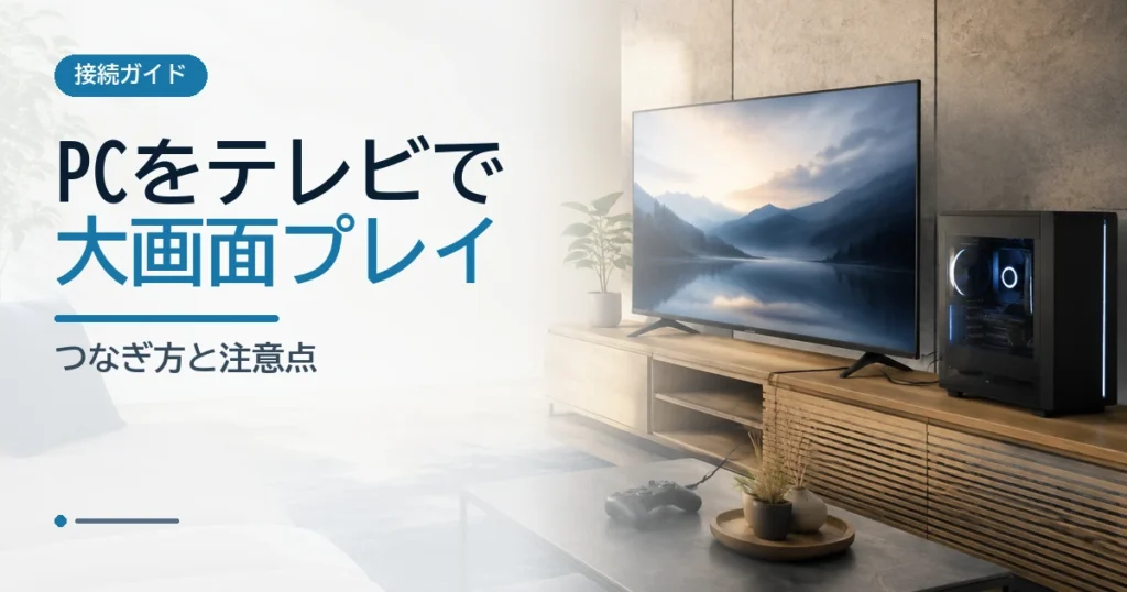 リビングの大型テレビへゲーミングPCを接続し、コントローラーで遊ぶイメージ