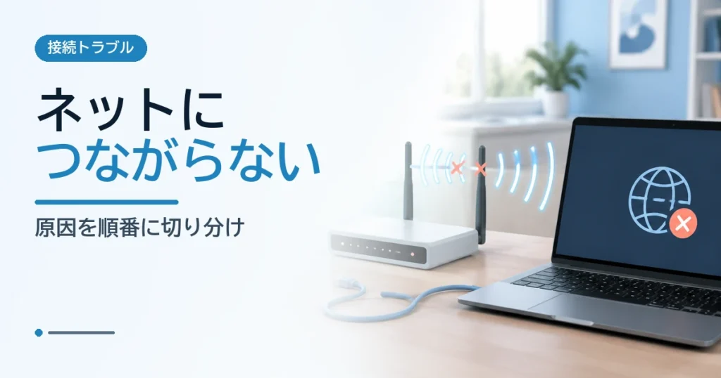 Wi-Fiルーターとパソコンの途切れた接続を示し、ネットにつながらない原因を表すイメージ
