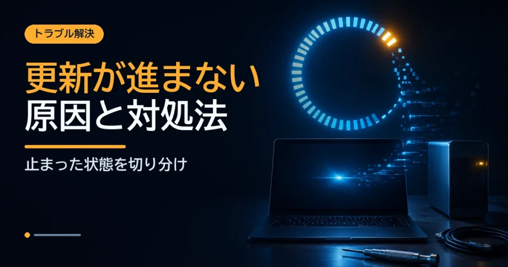 途中で止まった更新進捗と修復用ツールでWindows Updateの問題を示すイメージ