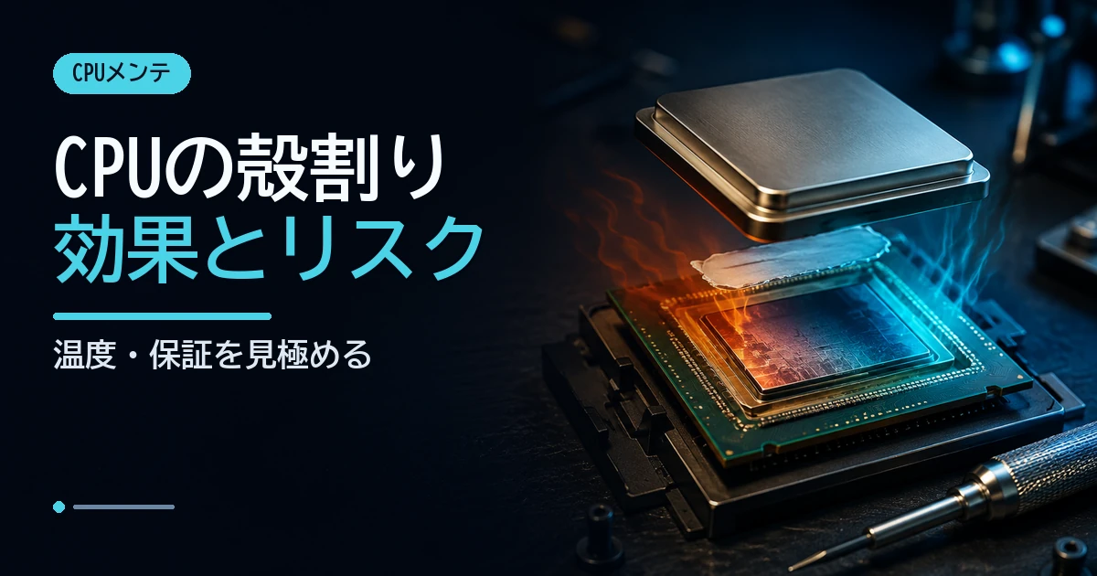 ヒートスプレッダーを外したCPUと熱の変化で、殻割りの冷却効果とリスクを示すイメージ
