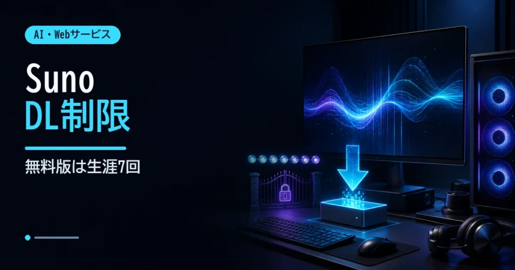 AI音楽サービスのダウンロード回数制限を示す音声波形とダウンロードゲート