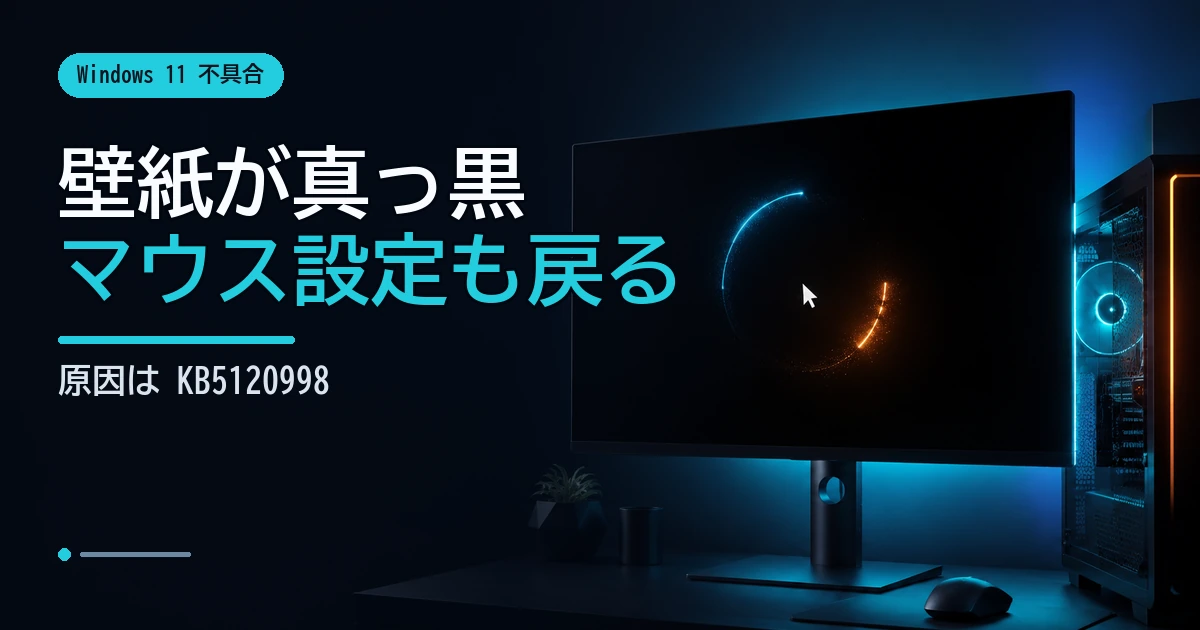 黒いデスクトップ画面と初期化されたマウスカーソルを示すKB5120998不具合の解説イメージ